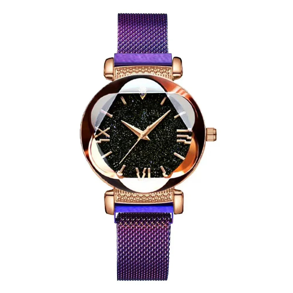 Elegant women's wristwatch with black glitter dial, rose gold case, and purple mesh strap