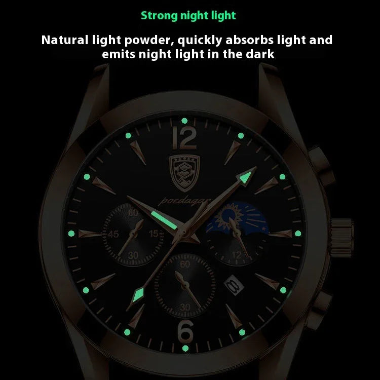 Close-up of a wristwatch with luminous hands and markers glowing in the dark, highlighting night light feature