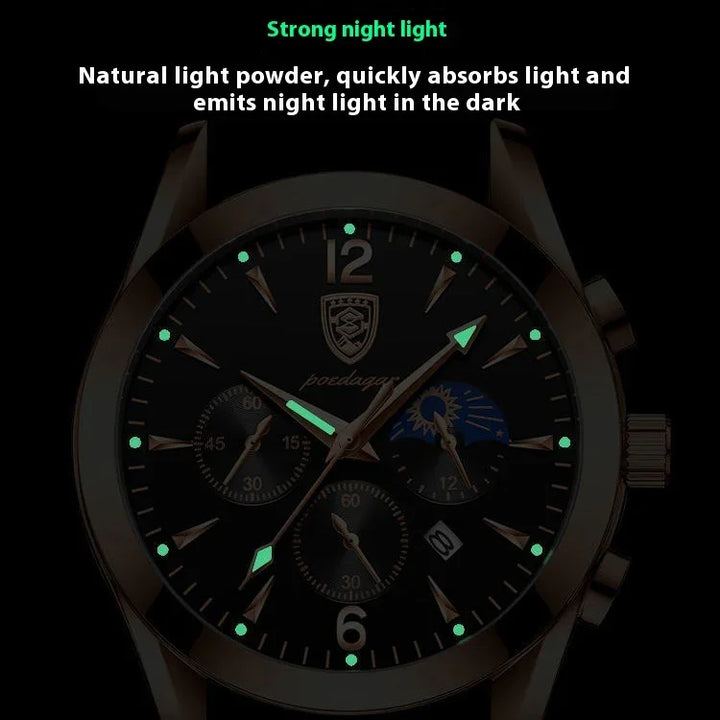 Close-up of a wristwatch with luminous hands and markers glowing in the dark, highlighting night light feature