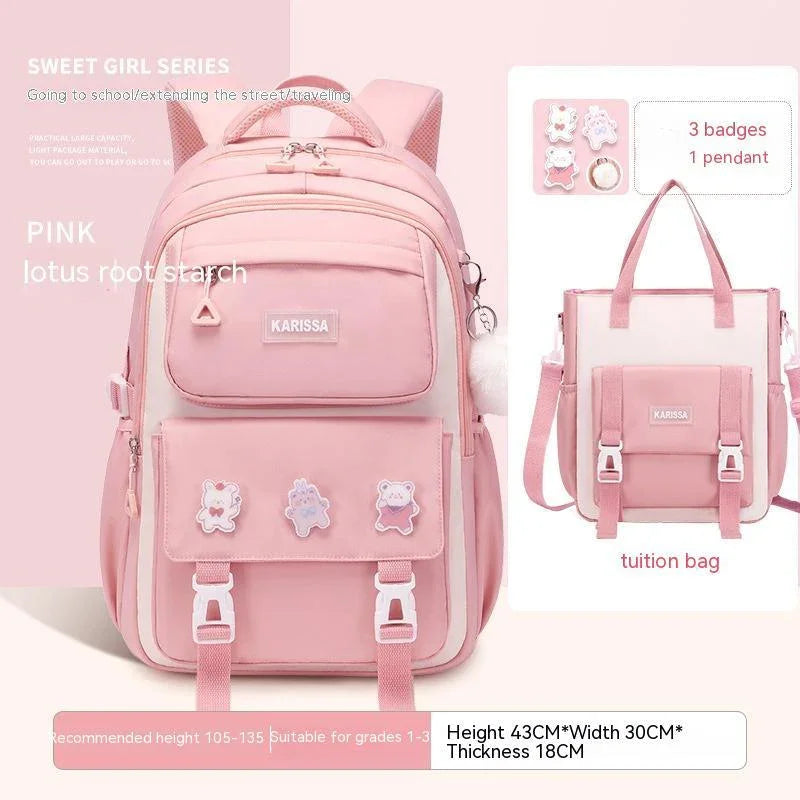 Pink Karissa school backpack and tuition bag with cute character badges for girls