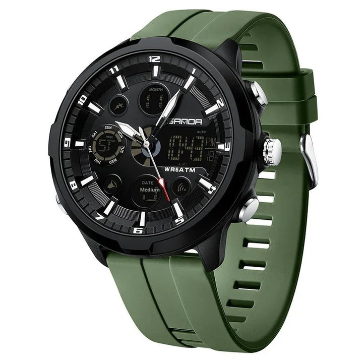 SANDA black dial men's sports watch with green silicone strap and digital-analog display