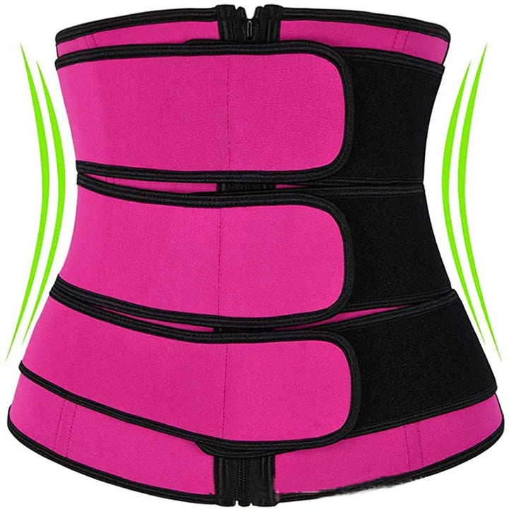Pink and black waist trainer corset with zipper and adjustable velcro straps for slimming