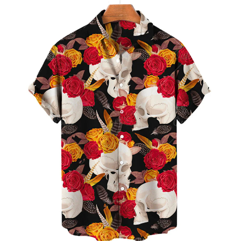 Black short-sleeve button-up shirt with skulls, red and yellow roses, and feathers pattern
