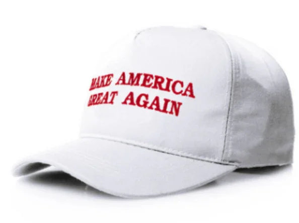 White baseball cap with red embroidered text saying Make America Great Again