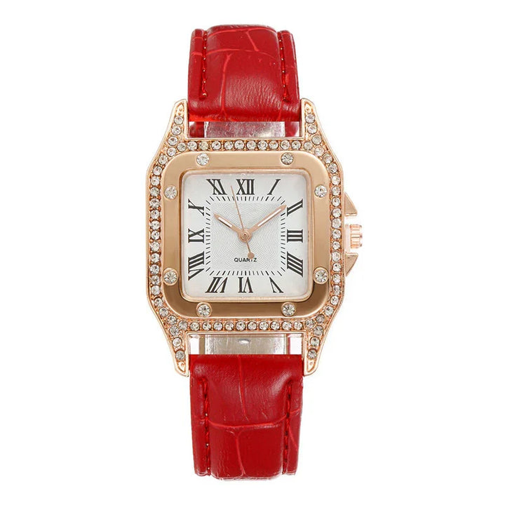 Elegant square rose gold quartz watch with crystal-encrusted bezel and red leather strap