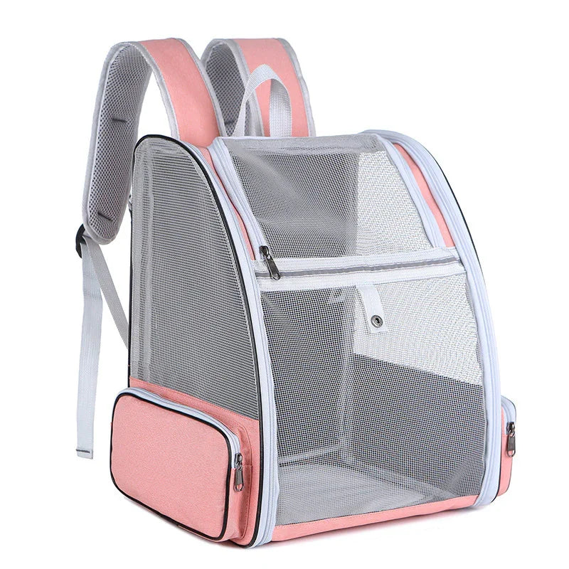 Pink and gray breathable mesh pet carrier backpack with zippers and padded straps