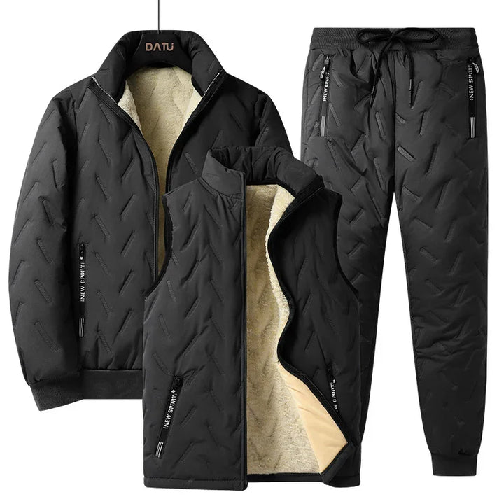 Black men's winter sportswear set with fluffy beige lining, including jacket, vest, and jogger pants