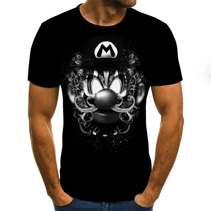 Black T-shirt with detailed futuristic black and white Mario face design featuring mechanical elements