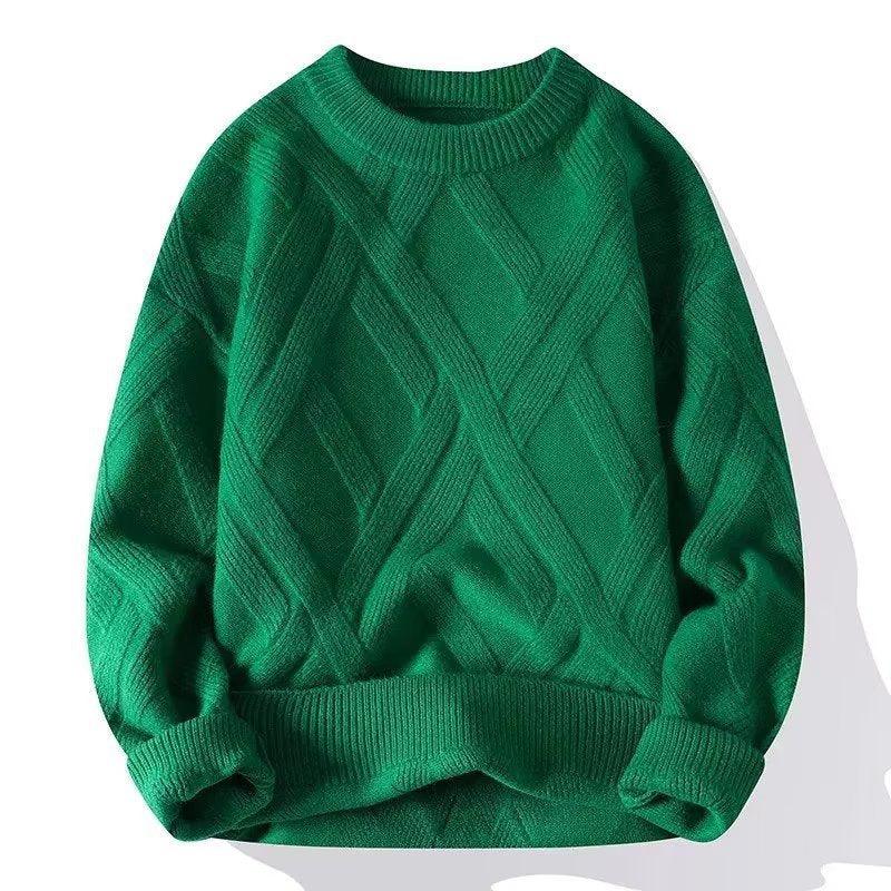 Green knitted sweater with textured diamond pattern and ribbed cuffs and collar