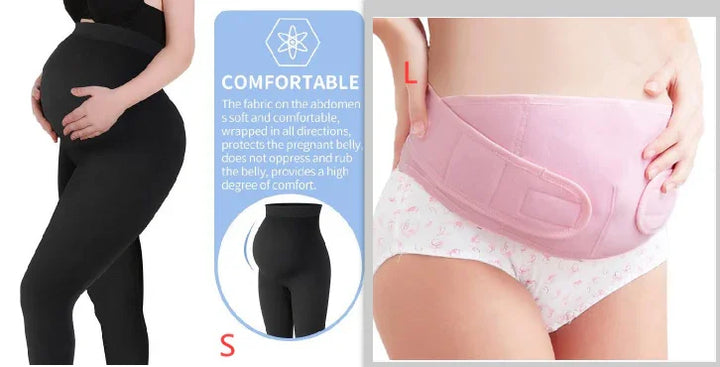 Pregnant woman wearing comfortable black maternity leggings and pink adjustable maternity belly support belt