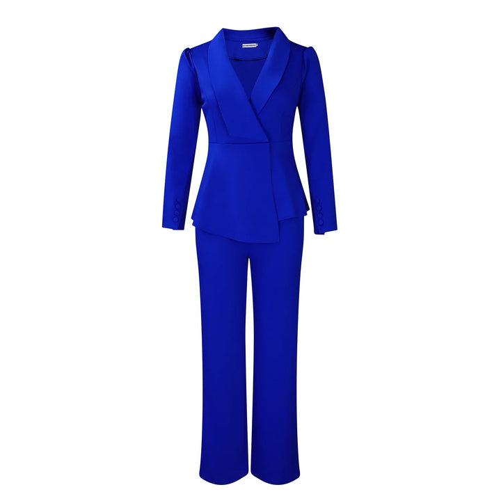 Royal blue women's tailored pantsuit with long-sleeve blazer and matching trousers