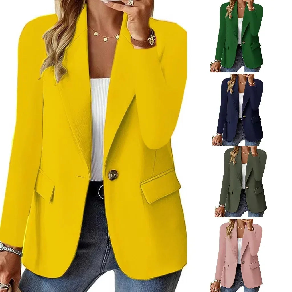 Women's casual blazers in yellow, green, navy, olive, and pink with single button and flap pockets