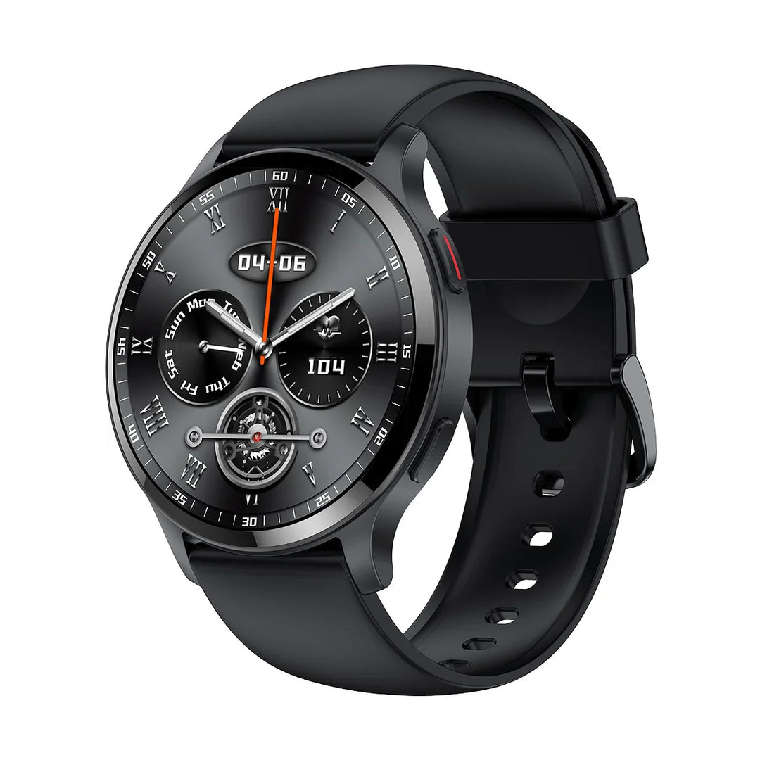 Black smartwatch with analog-style dial, digital date, heart rate, and day indicators on black silicone strap