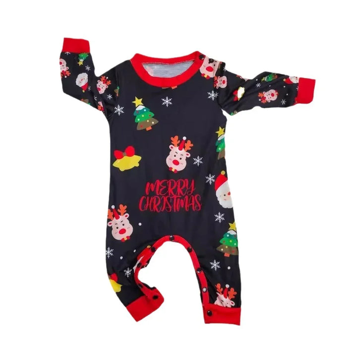 Black baby Christmas romper with red cuffs featuring reindeer, Santa, Christmas trees, and snowflakes