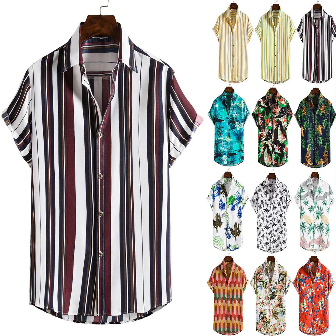 Men's short sleeve button-up shirts in striped and tropical floral patterns collection