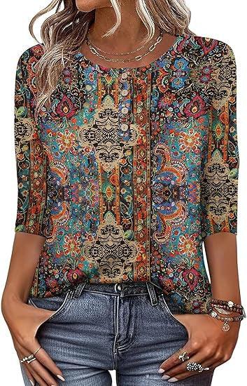 Woman wearing boho-style multi-color floral patterned blouse with quarter sleeves and blue jeans