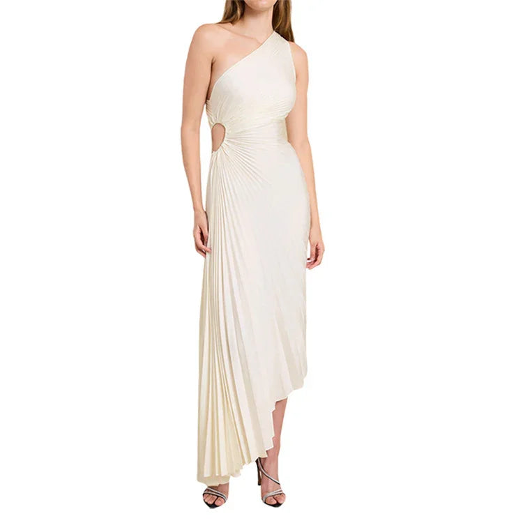 Elegant one-shoulder cream evening dress with ruched side cutout and asymmetrical hem