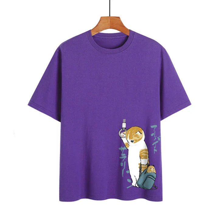 Purple t-shirt with cartoon cat holding a USB stick and backpack with small animal design
