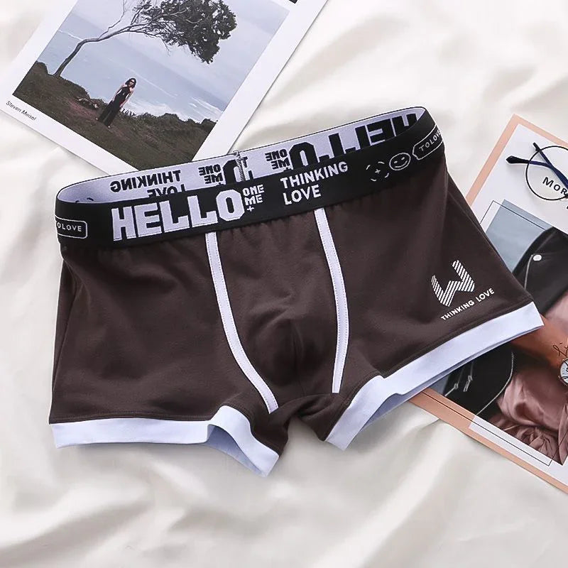Brown men's boxer briefs with white trim and black waistband featuring 'HELLO' and 'THINKING LOVE' text