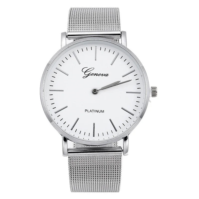 Geneva Platinum silver wristwatch with white dial and mesh metal strap