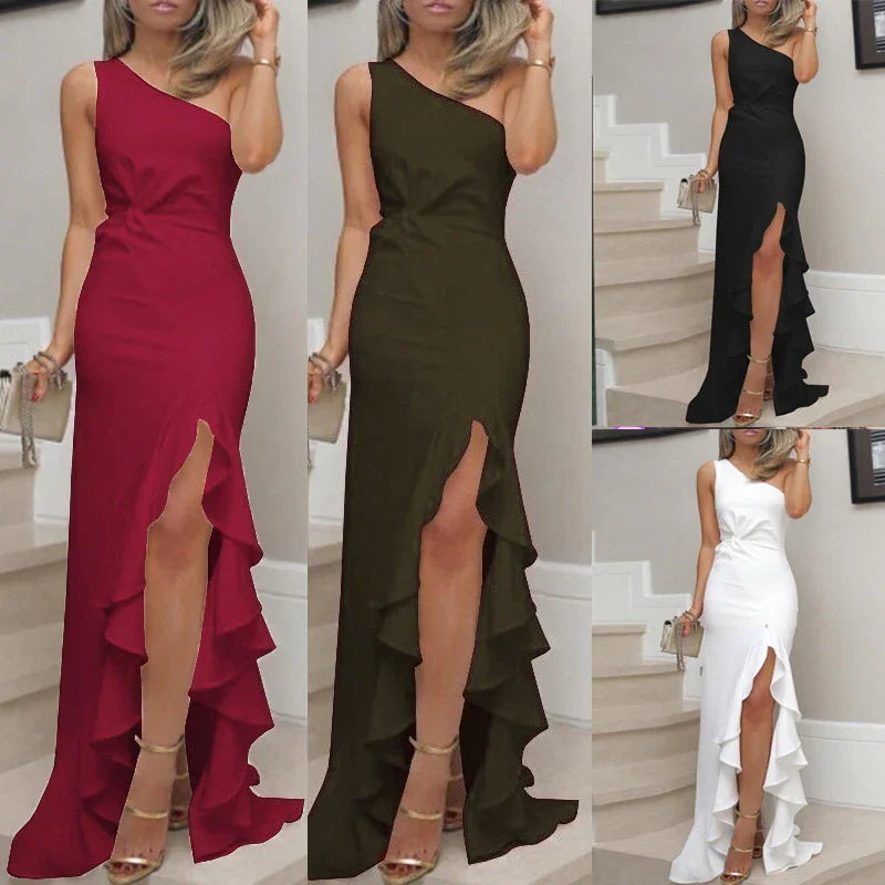 Women wearing elegant one-shoulder high-slit ruffled evening dresses in red, olive green, black, and white colors