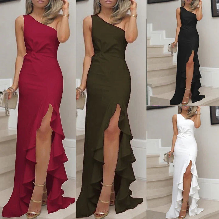 Women wearing elegant one-shoulder high-slit ruffled evening dresses in red, olive green, black, and white colors