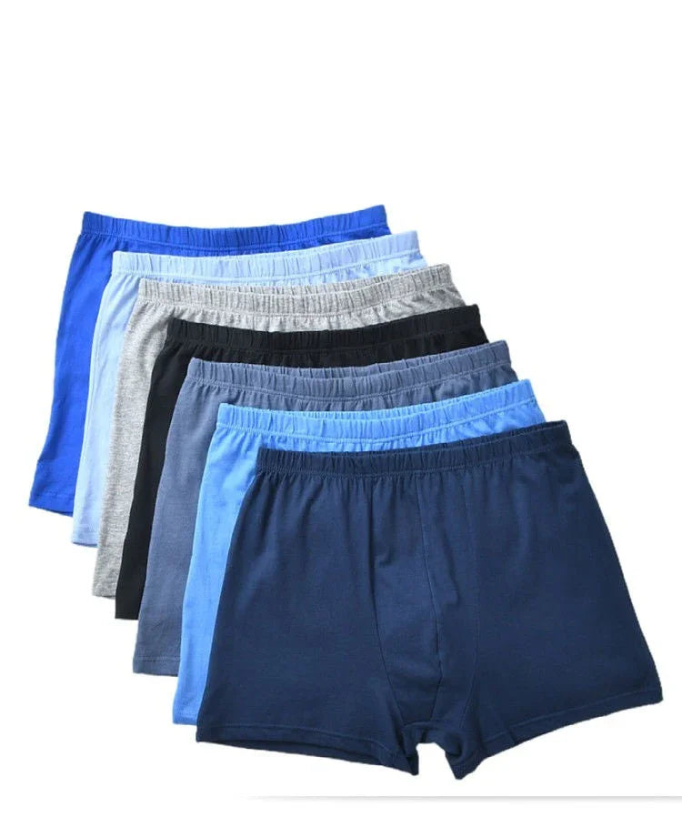 Set of seven men's boxer briefs in blue, light blue, gray, black, and navy colors