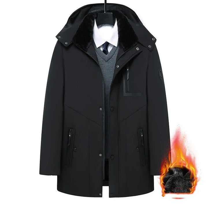 Men's black winter coat with fur collar, zippered pockets, and warm insulated lining
