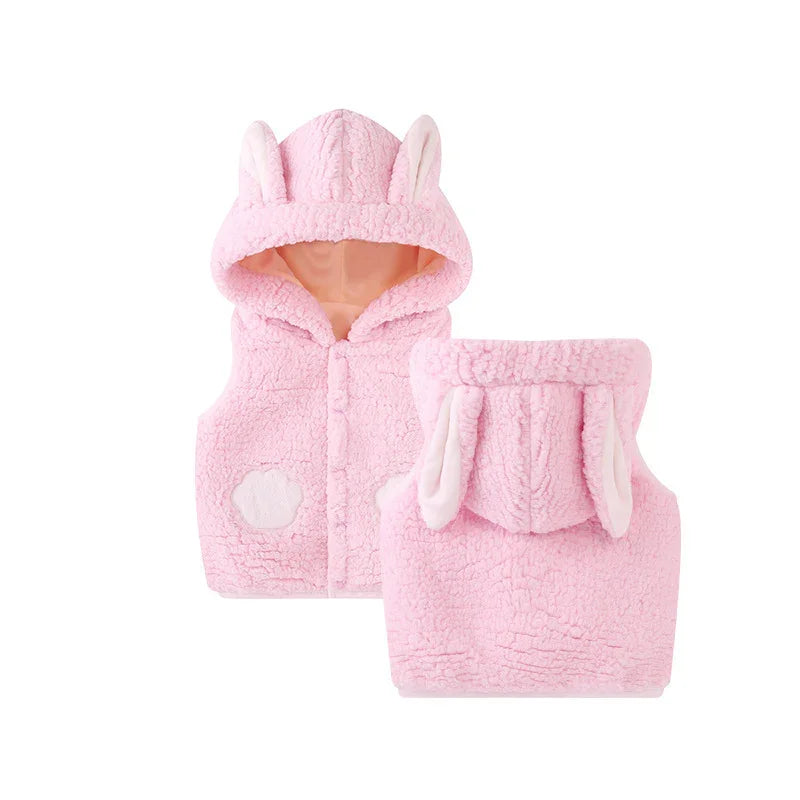 Soft pink toddler hooded vest with bear ears and paw patch, fuzzy textured fabric