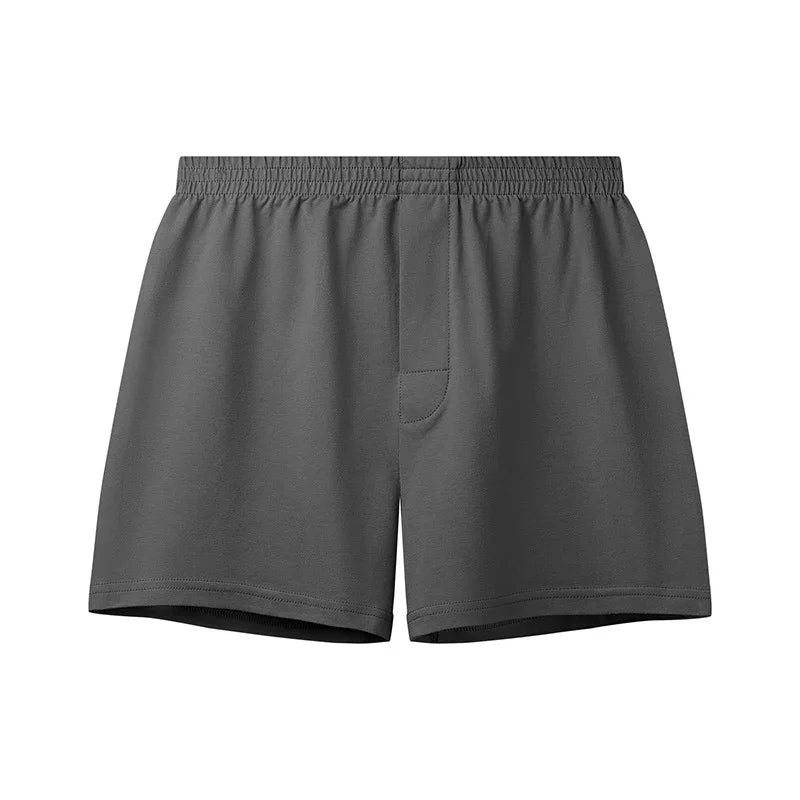 Dark gray men's cotton boxer shorts with elastic waistband and stitched fly front