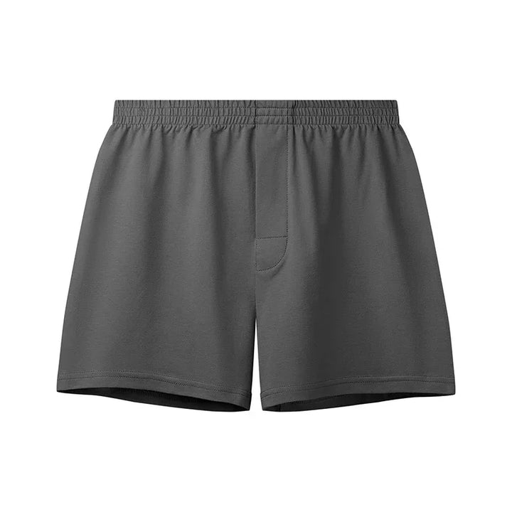 Dark gray men's cotton boxer shorts with elastic waistband and stitched fly front