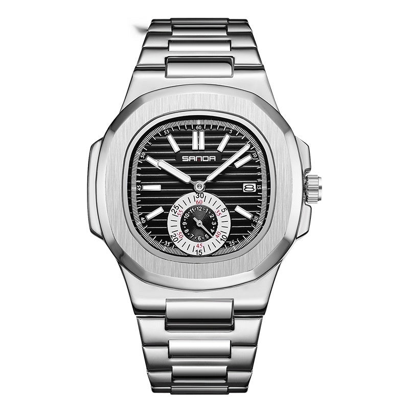 Silver SAMDA wristwatch with black striped dial, date window, sub-dial, and stainless steel bracelet