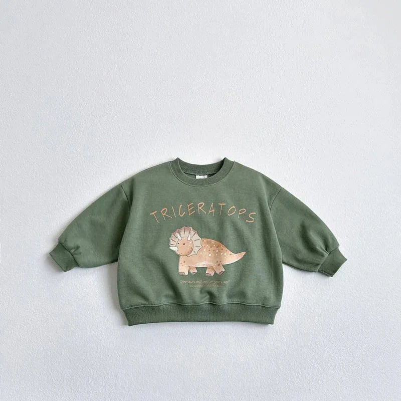 Green kids sweatshirt with a cute triceratops dinosaur print and text on front