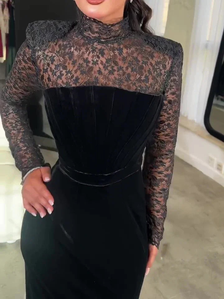 woman wearing black lace high-neck long sleeve dress with velvet corset bodice in modern room