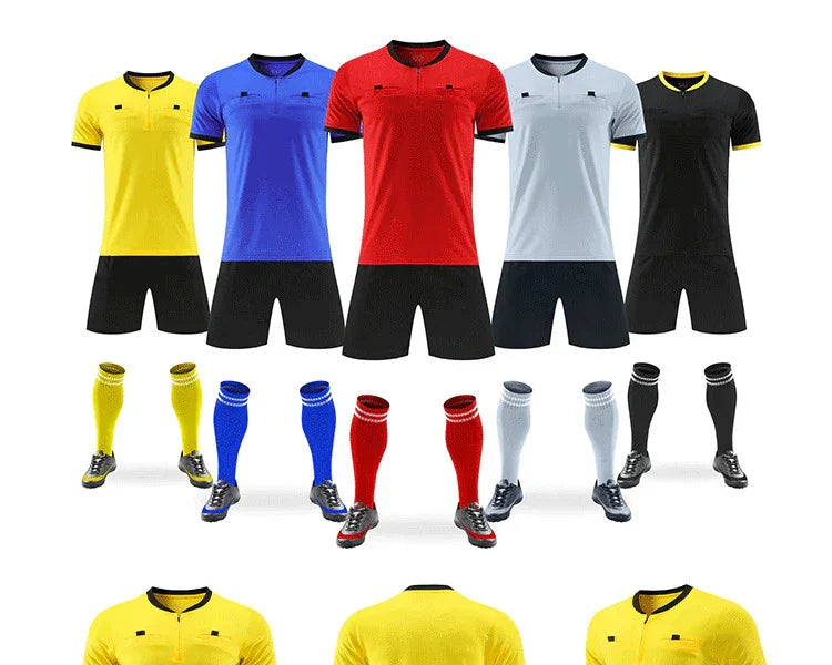 Set of soccer uniforms in yellow, blue, red, white, and black with matching socks and cleats