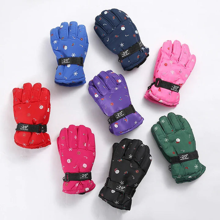 Set of colorful insulated winter gloves with snowman and snowflake patterns, waterproof and -20°C rated