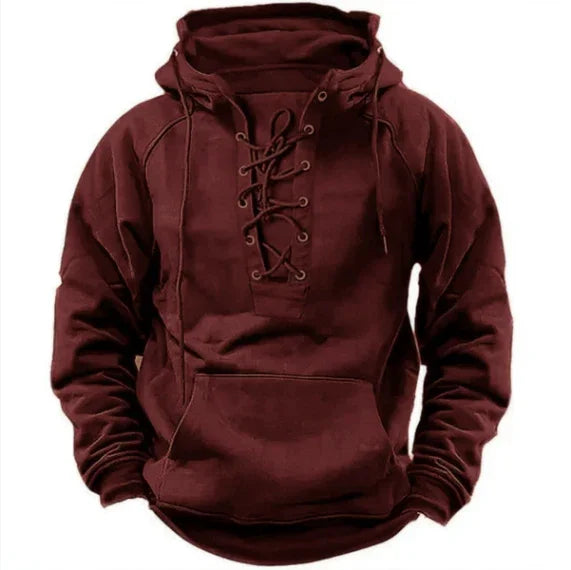 Maroon hoodie with lace-up front detail and kangaroo pocket, casual men's sweatshirt