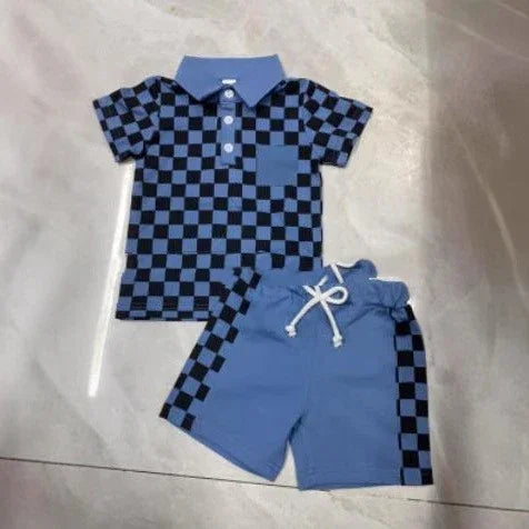 Blue and black checkered polo shirt with matching blue shorts featuring checkered side stripes