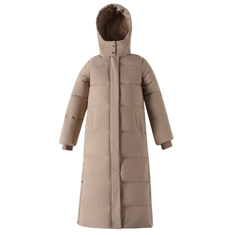Long beige padded winter coat with hood, front zipper, and side pockets