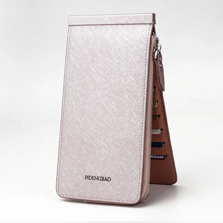 Pink textured leather long wallet with zipper and multiple card slots, brand Pidengbao