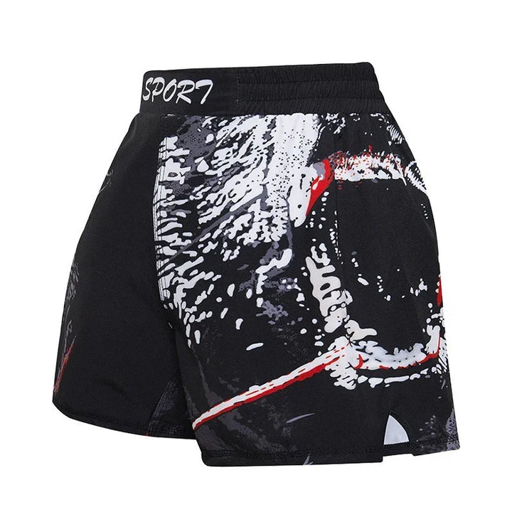 Black sports shorts with white and red abstract pattern and elastic waistband labeled SPORT7