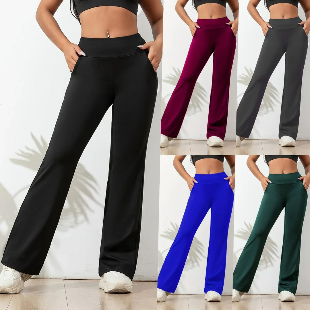 Women's high-waisted flare pants in black, burgundy, gray, blue, and green shown on model with cropped top
