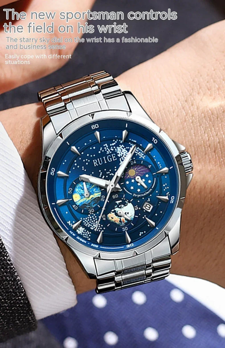 Close-up of RUIGE silver wristwatch with blue starry sky dial on man's wrist