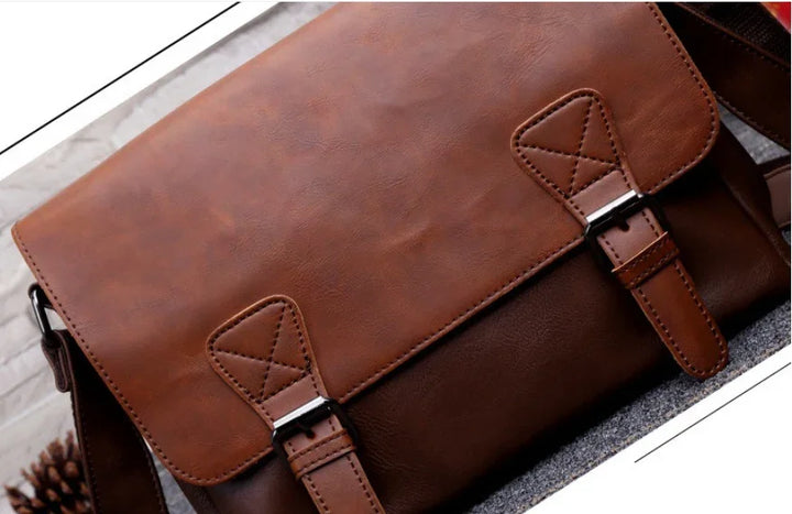 Close-up of brown leather messenger bag with silver buckles on a gray surface