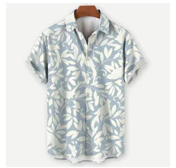 Light blue short-sleeve men's button-up shirt with white tropical leaf pattern on hanger