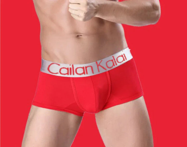 Male torso wearing red Cailan Kala boxer briefs with silver waistband on red background