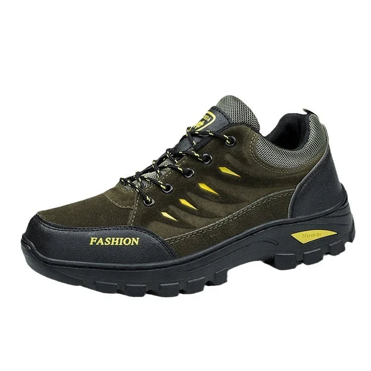 Black and olive green rugged fashion sneaker with yellow accents and thick tread sole