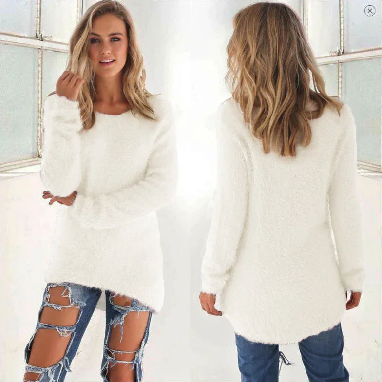 Blonde woman wearing a cozy white fuzzy sweater paired with heavily ripped blue jeans, shown front and back