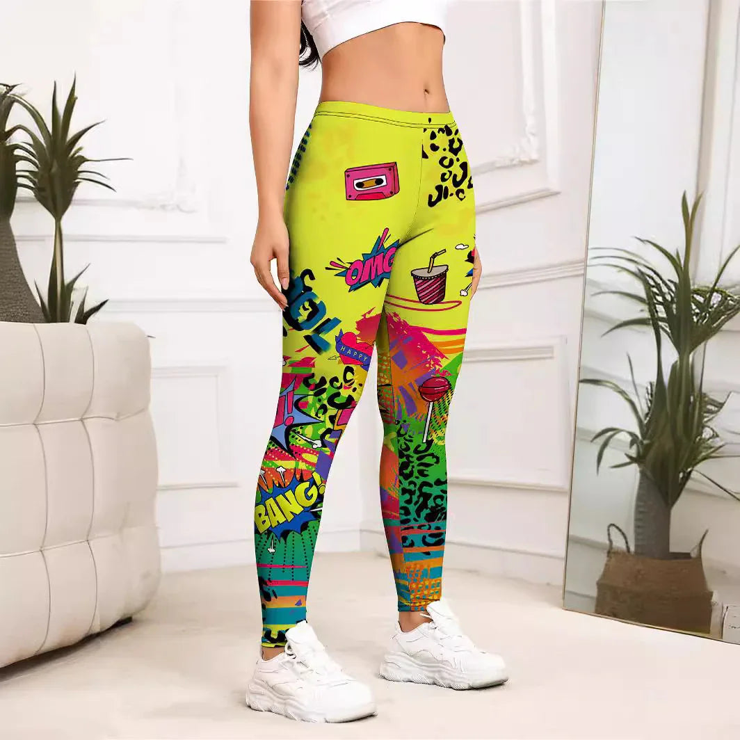 Woman wearing colorful comic print leggings with cartoon icons and vibrant patterns in bright room