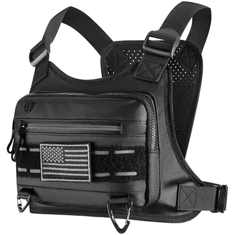 Black tactical chest rig with adjustable straps, zippered pockets, and an American flag patch